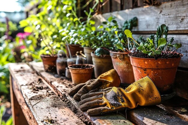 Gardening mockup with gloves and pots