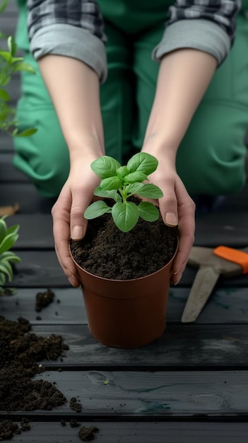 ガーデニングの瞬間 緑の植物を移植する女性 空のポット ガーデンツール 垂直モバイルウォルプ