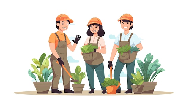 Gardening people characters vector illustration Cartoon gardeners man and woman working in garden