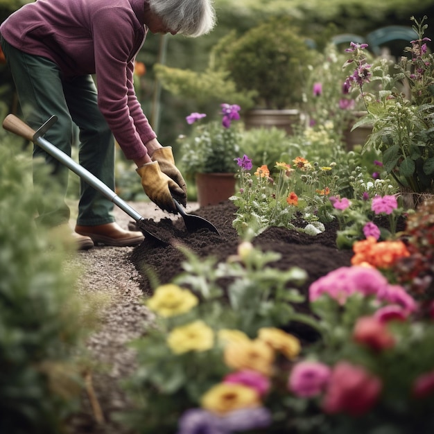 Gardening Scene with Person Planting Flowers and Tools