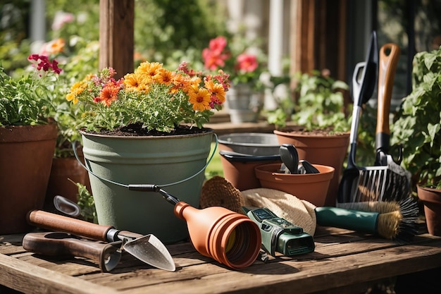 Фото Садовый набор инструментов для садовника и цветочных горшков в солнечном саду