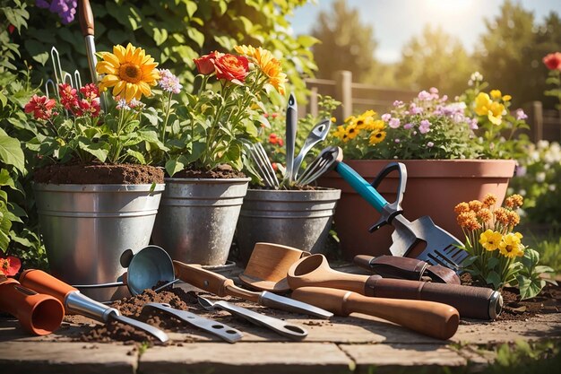 Foto set di attrezzi da giardino per giardiniere e vasi da fiori in giardino soleggiato