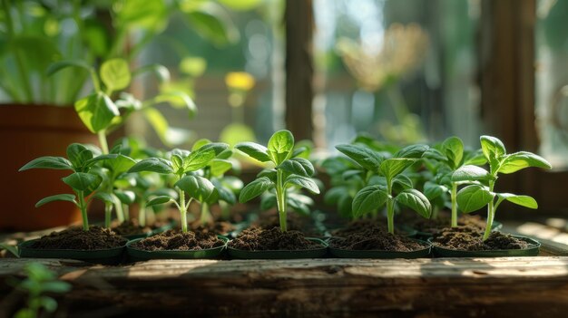 ガーデニング 窓際で育つ芽と植物 苗に選択的に焦点を当てる