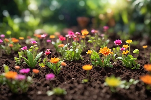 gardening on a sunny spring day with garden spade in foreground