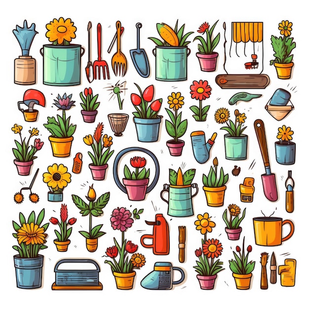 Gardening supplies colorful set of doodles on white background Generative AI