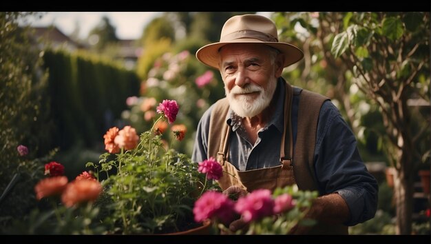 Gardening Therapy A Senior Gardener Nurturing Plants in a Tranquil Garden