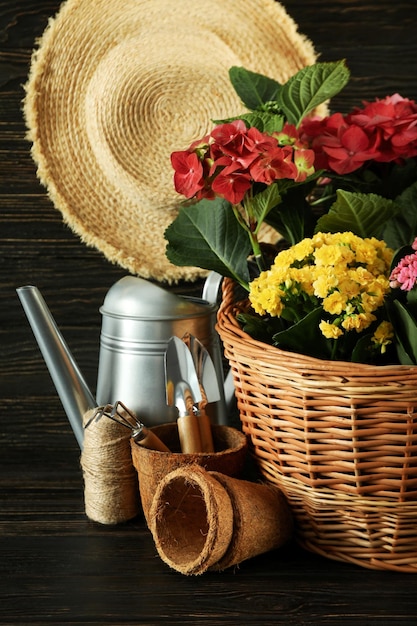 Gardening tools and accessories on wooden table