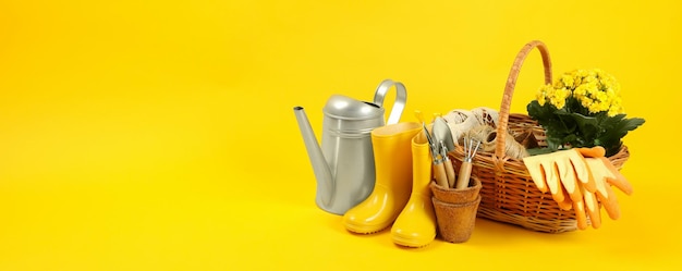 Gardening tools and accessories on yellow background