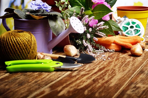 Gardening tools of cutter labels rake rope gloves wire on\
wooden floor