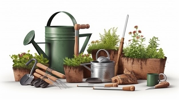 Gardening tools and flower pots on white background top viewgenerative ai