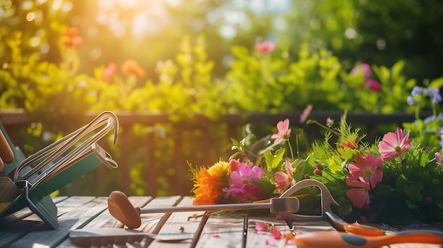 Gardening tools and flowers on the terrace in the garden Generative AI