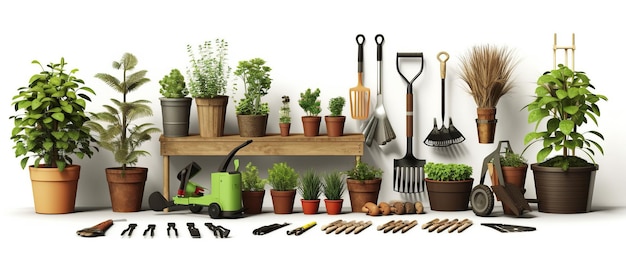 Gardening tools and flowers on the terrace in the garden