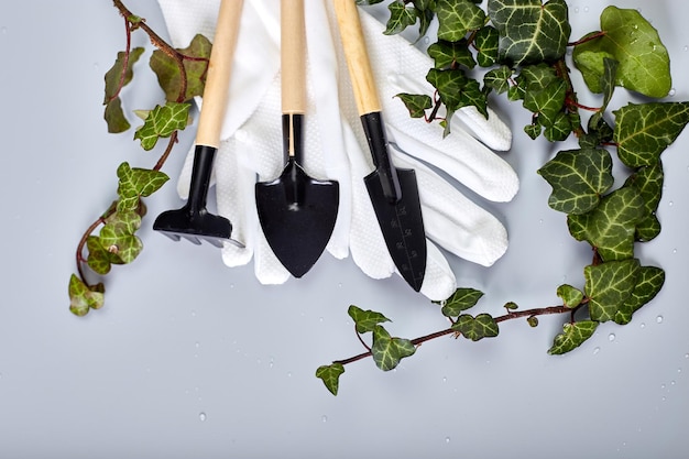 Photo gardening tools gloves and green leaves on grey background