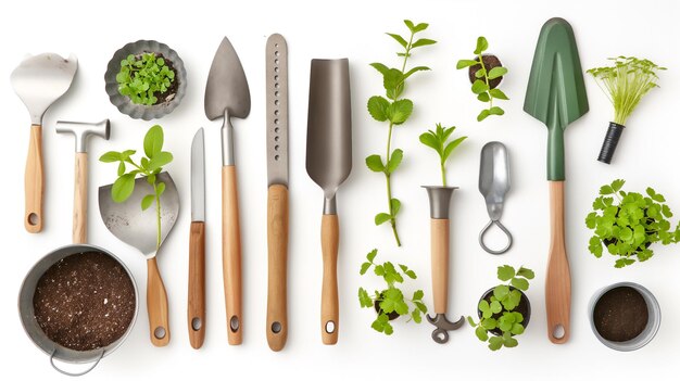 Gardening tools and green plants arranged on a white background