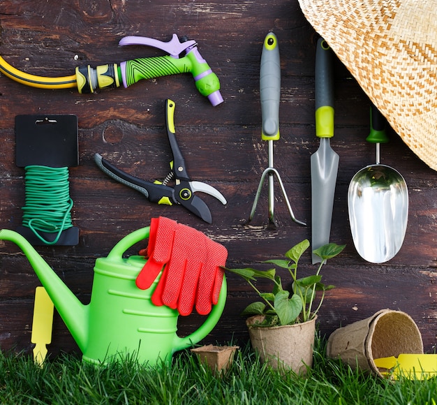 Gardening tools on old wooden wall in the garden, garden maintenance and hobby concept.