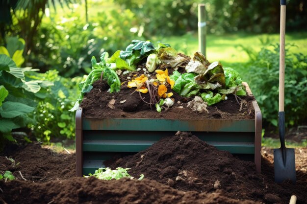 Photo gardening tools and plants in the garden gardening concept green home composting enriching soil with organic waste in garden composter ai generated