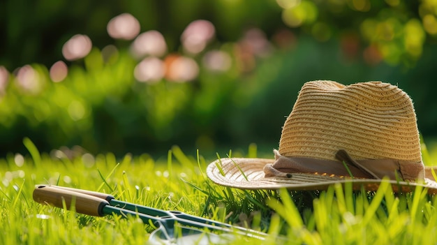 Gardening tools and straw hat on the grass in the garden