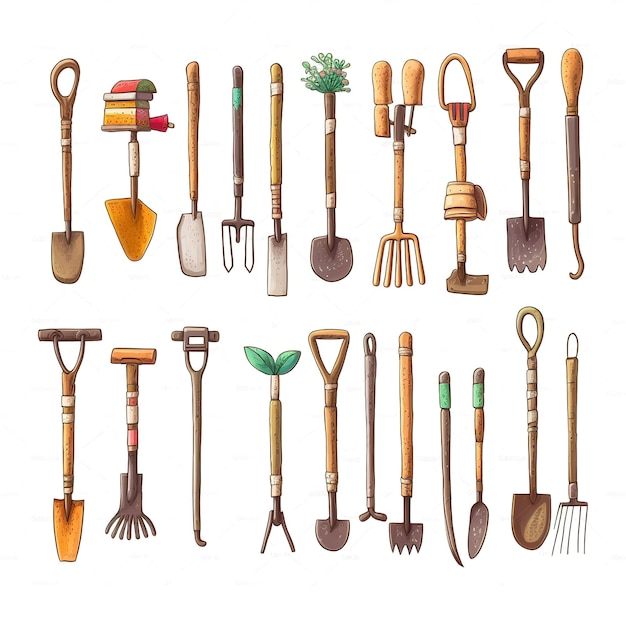 Gardening tools themed vector stickers Multiple items