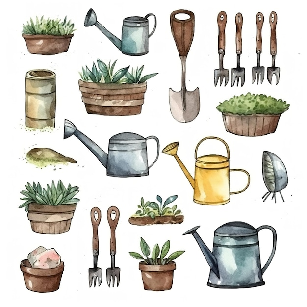 Gardening tools themed vector stickers Multiple items