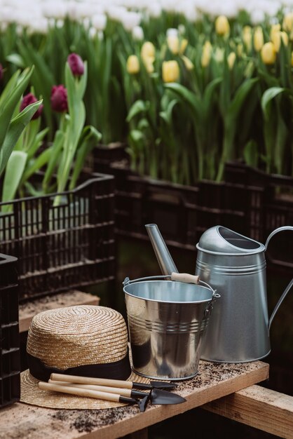 Gardening tools, watering can and straw hat on soil.