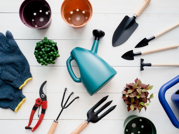 Gardening tools on wooden background.