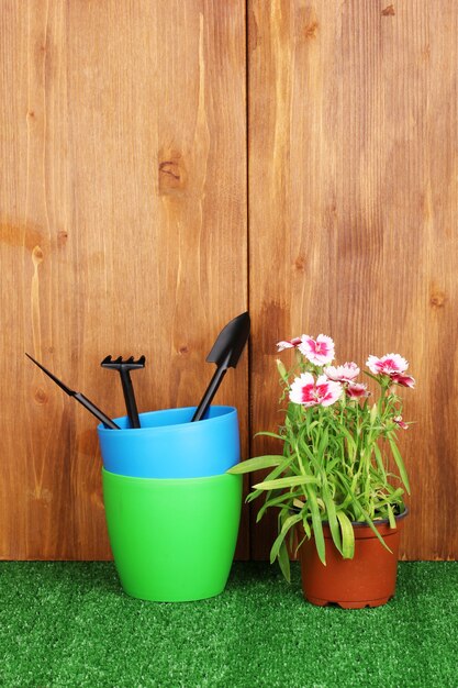 Gardening tools on wooden background