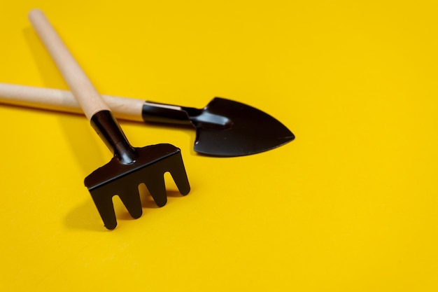 Gardening tools on yellow background