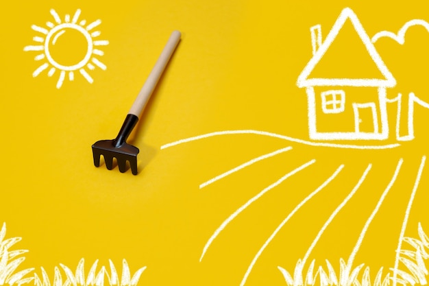 Gardening tools on yellow background