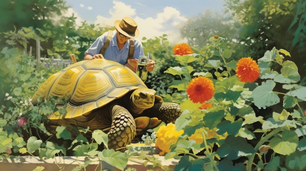 Gardening with a tortoise photo realistic illustration