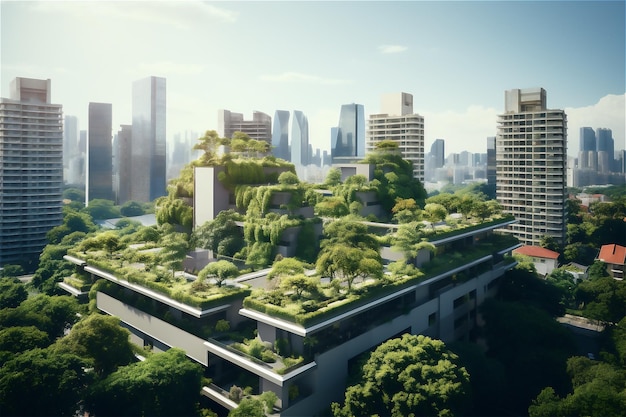 현대 도시의 지붕에 있는 정원과 나무는 녹색 도시와 생태적 삶의 개념입니다.
