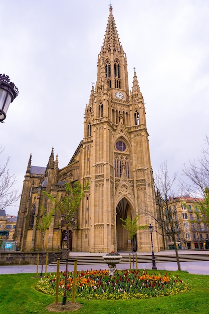 Gardens with spring flowers in the city of san sebastian next\
to the buen pastor church in the center of the city gipuzkoa\
spain