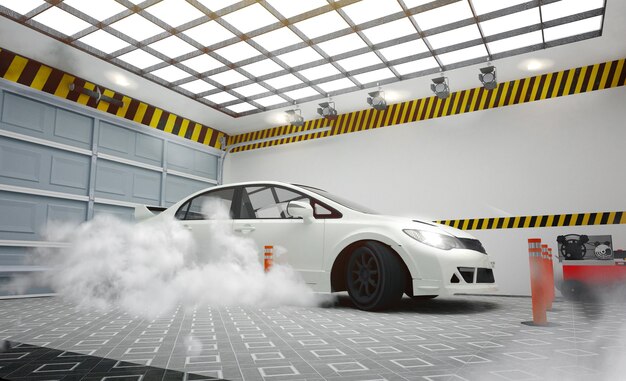 Garege interior with white car and smoke effect on room white wall and tiles floor. 