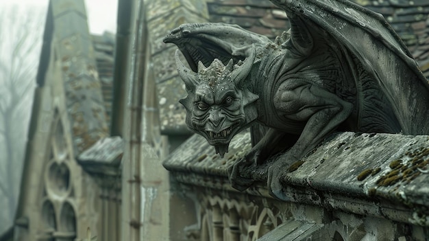 고 양식의 대성당 지붕에 있는 거구일 (Gargoyle) 은 괴물 동상 클로즈업 (close-up) 교회 지붕 배경에 있는 빈티지 돌 악마 조각 (Vintage stone demon sculpture on church rooftop background) 메라 악마와 환상의 개념 (Concept of Chimera devil and fantasy)