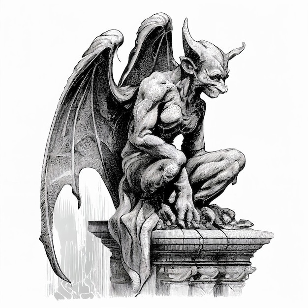 Gargoyle zit op een rots, illustratie in grafische stijl, eng fantastisch sprookjeswezen