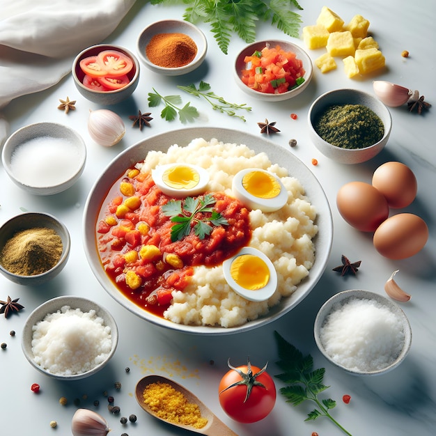 Gari met tomatensaus en eieren op marmeren toonbank