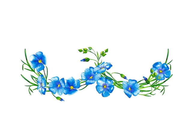 Photo garland of blue flax flowers with stems and buds. watercolor painting.