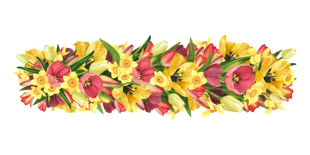 Garland Border met tulpen gele en rode kleuren en narcissen aquarel illustratie voor sjabloon poster vrouwendag