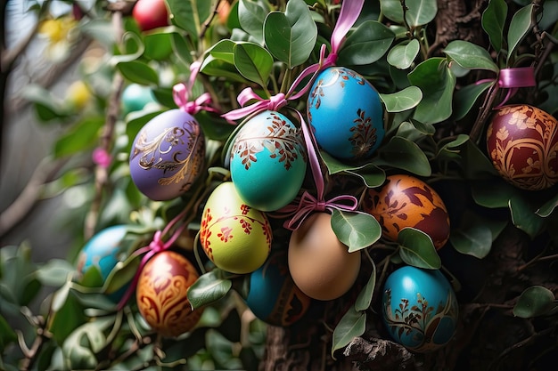 Garland of colorful Easter eggs Easter decor closeup AI generated