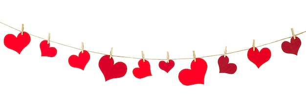 Garland of hearts on an isolated white wall. decoration for valentine's day