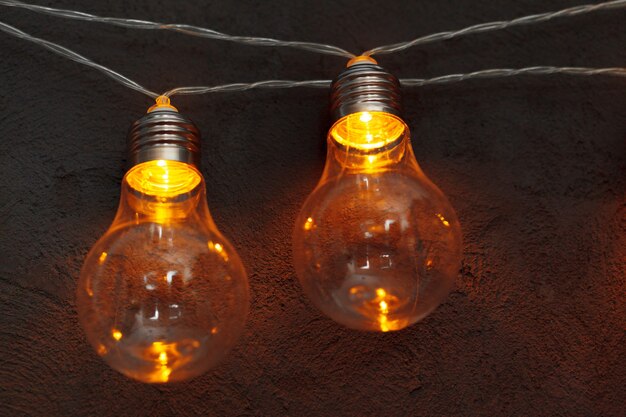 Garland of light bulb lamps in the dark