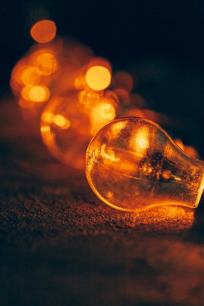 Garland of light bulbs  close up in the dark