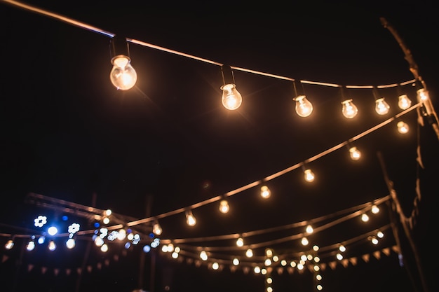 夜の式典の装飾の電球の花輪