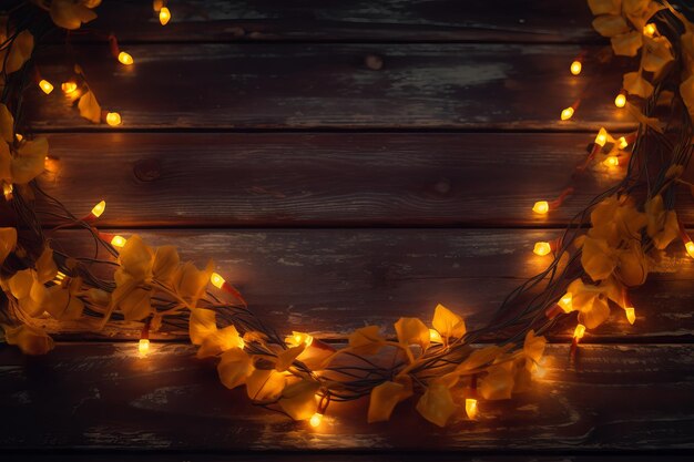 A garland of lights with leaves and flowers on a wooden background