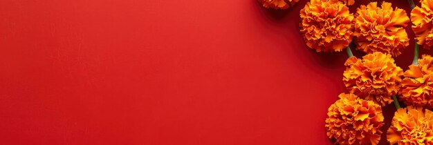 a garland of marigold flowers on a red background