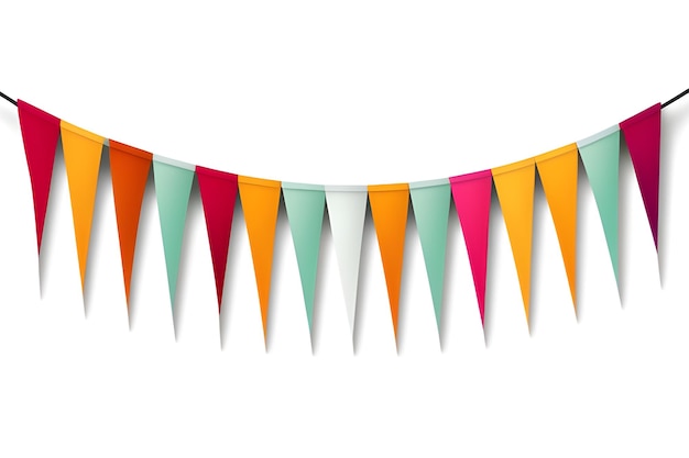 Foto garland van kleurrijke driehoekige vlaggen geïsoleerd op een witte achtergrond