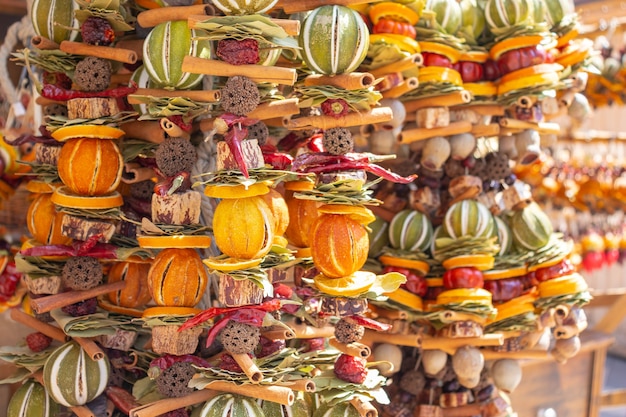 Garlands of dry oranges and citrus fruits for christmas decorations in budapest hungary