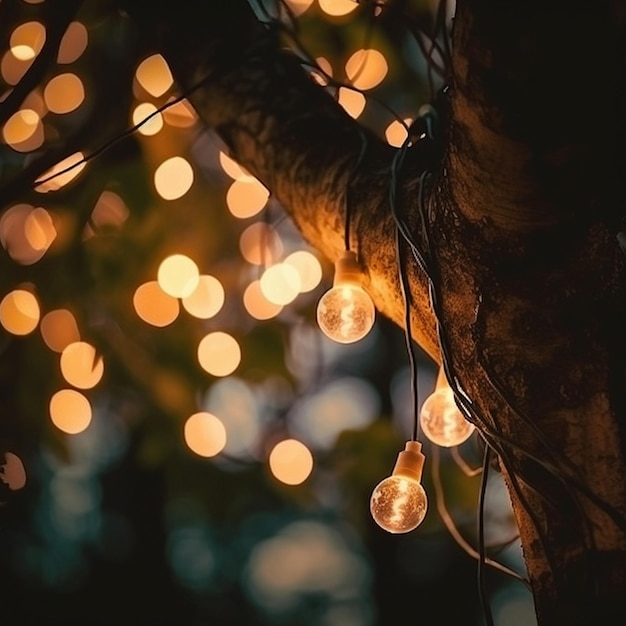 Garlands on trees glow in the night