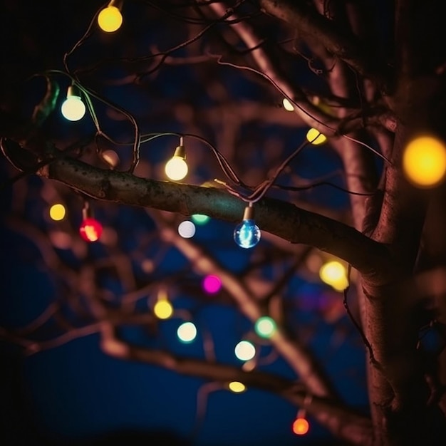 garlands on trees glow in the night