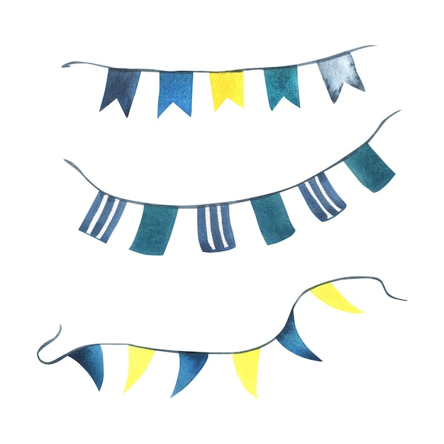 Garlands with flags blue turquoise yellow striped triangular rectangular Watercolor illustration hand drawn in children's style Set of isolated elements on a white background