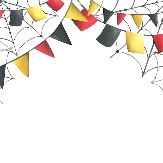 赤、黒、黄色の旗を持つ花輪は正方形とクモの巣を持つ三角形です死者の日の手描き水彩イラストハロウィーンのディア・デ・ロス・ムエルトス白い背景のテンプレート